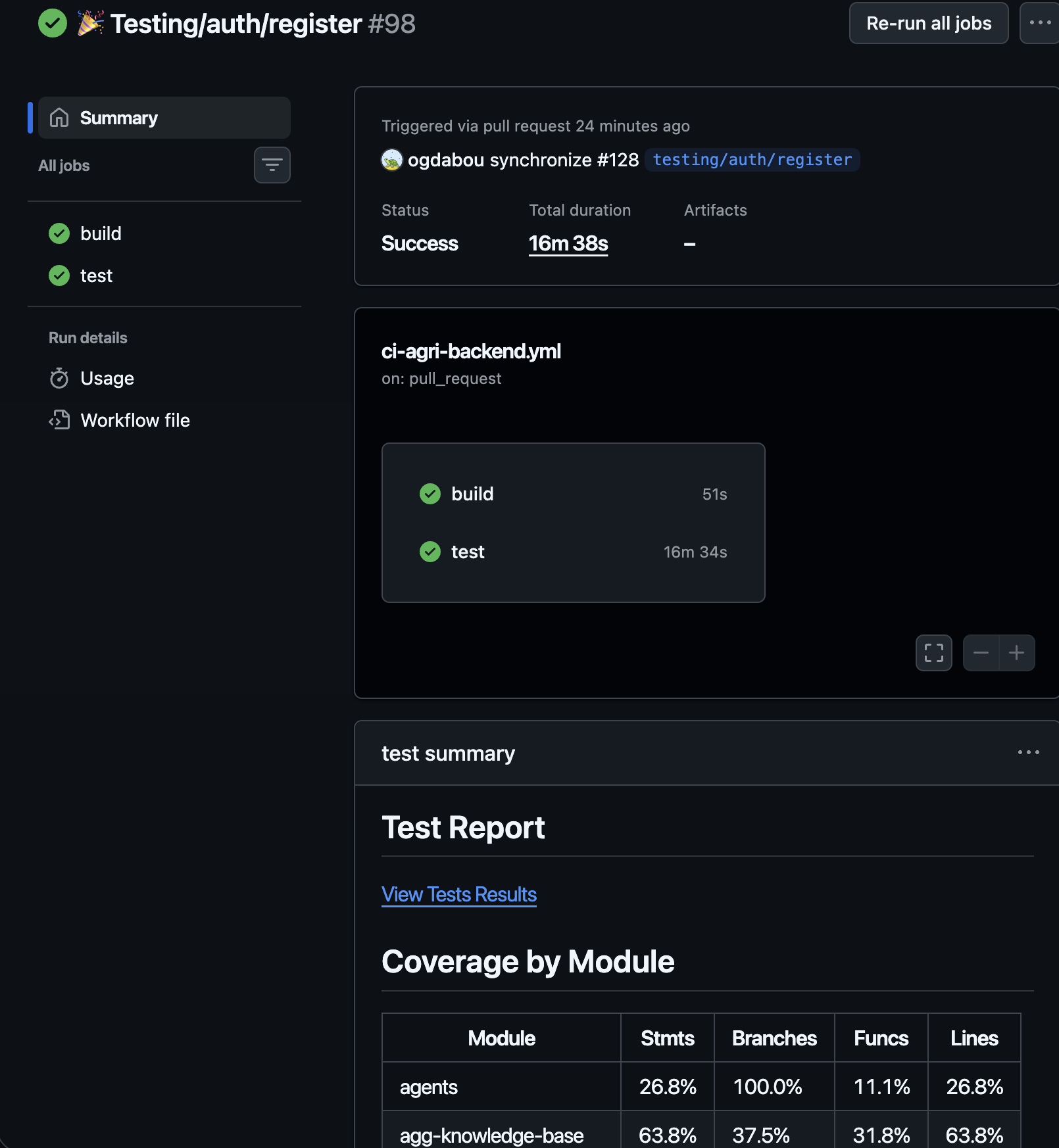 GitHub Actions summary with coverage table and test report link