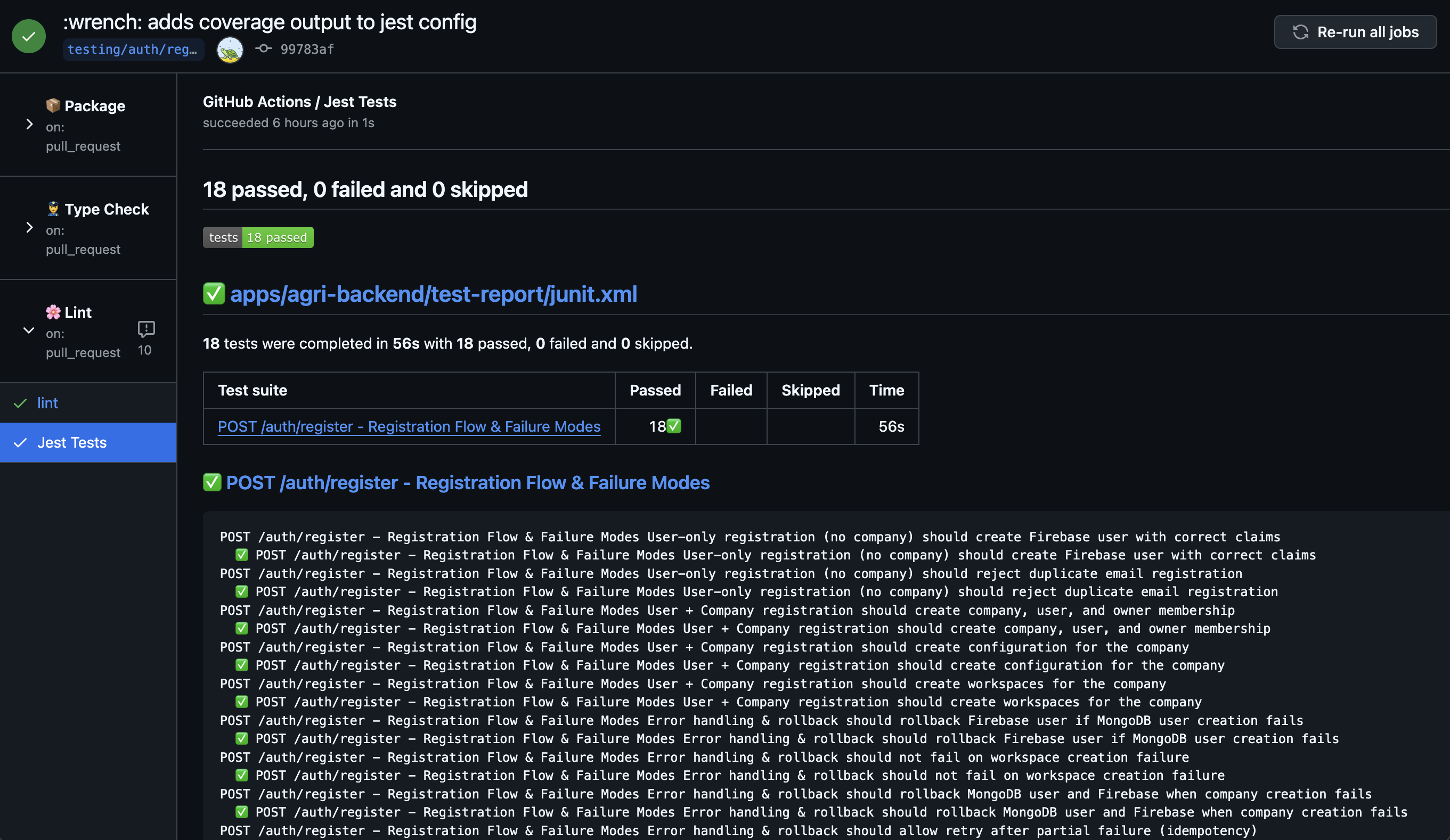 GitHub test results page showing per-test pass/fail status